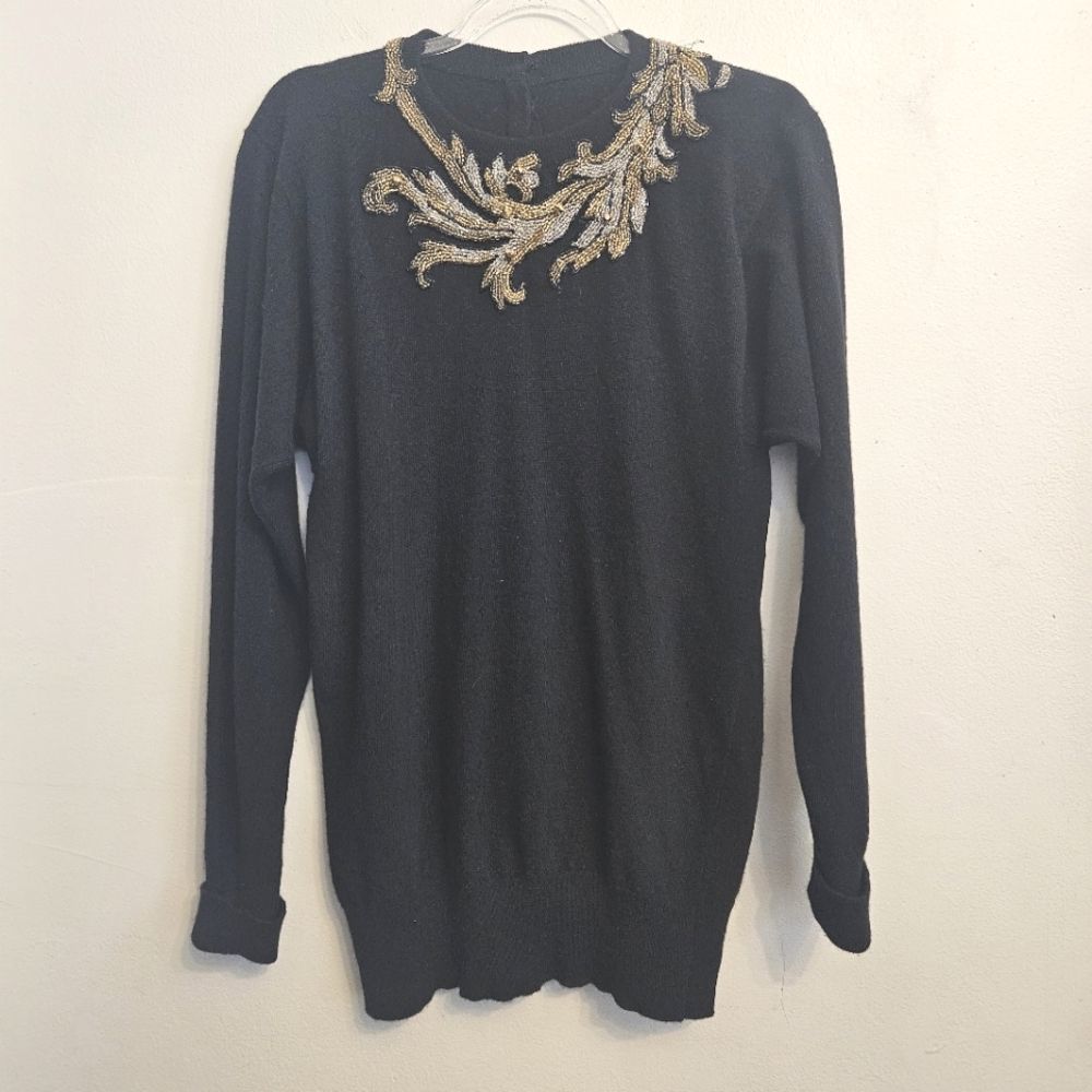 Vintage Black Wool Gold Silver Beaded  Sweater Long Sleeve Size Small Woman's